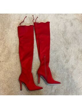 Aldo red satin stiletto thigh high over the knee high heel boots Sz 7